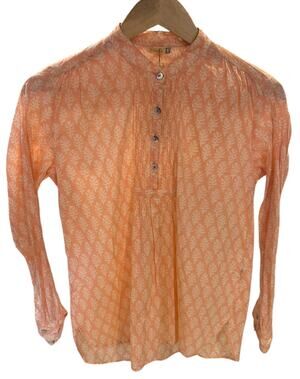 NWT MATTA Peach Iride Buti Top Pintuck Block Print Henley Tunic Women's SMALL
